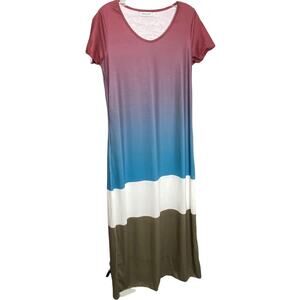 Misslook Shirt Maxi Dress Ombre Colorblock Short Sleeve 100% Cotton Boho Beach S